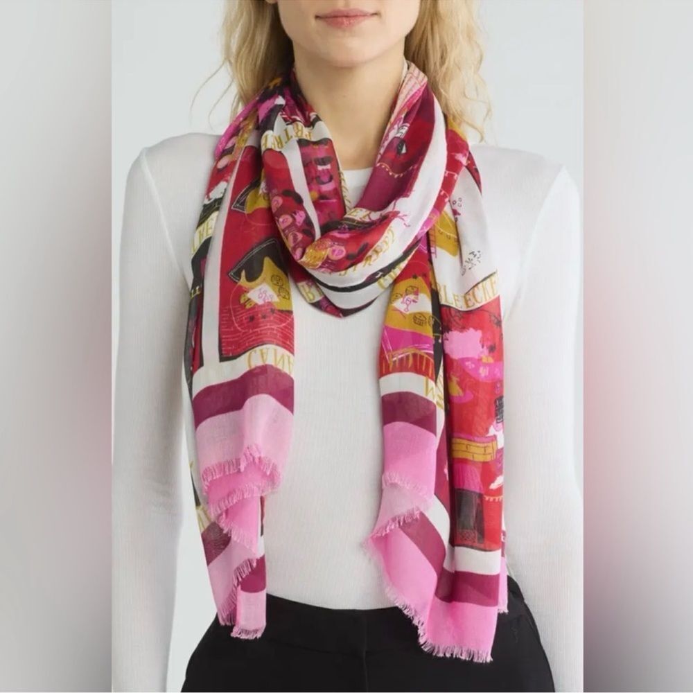 kate spade Pink Multi Holiday Rooftops Oblong Fringe Hem Scarf